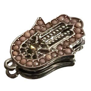 Pink Beaded Hamsa Yoga Hand Necklace Charm 1" Silver with Center Jewel